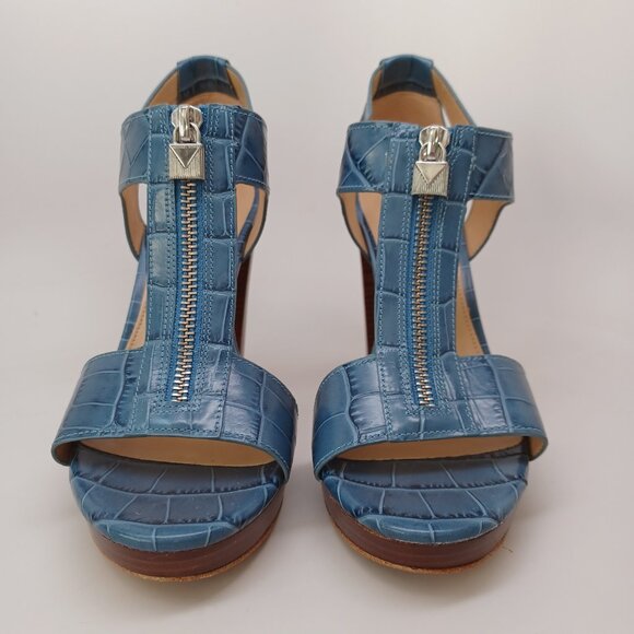 Michael Kors Heels Blue Leather Zip Front Platform Sandals Berkley Womens 7 - Picture 4 of 15